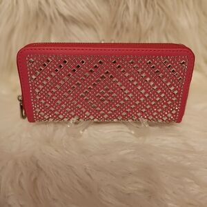 Chic Fushsia Rhinestone Design Accordion Wallet with Silver Zipper